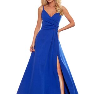 Maxi Sukienka na Ramiączkach z Kopertowym Dekoltem - Chabrowa