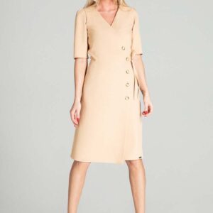 Kopertowa Sukienka z Krótkim Rękawem - Beżowa