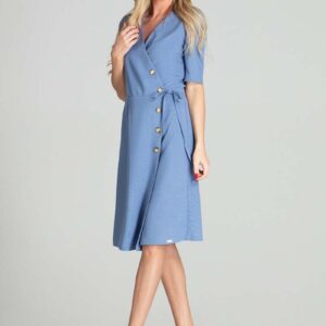 Kopertowa Sukienka z Krótkim Rękawem - Niebieska