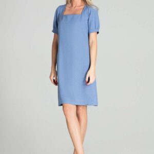 Prosta Sukienka z Kwadratowym Dekoltem - Niebieska