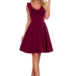 Rozkloszowana Sukienka z Falbankami na Dekolcie - Bordowa