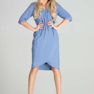 Sukienka Midi z Kopertowym Dołem - Niebieska